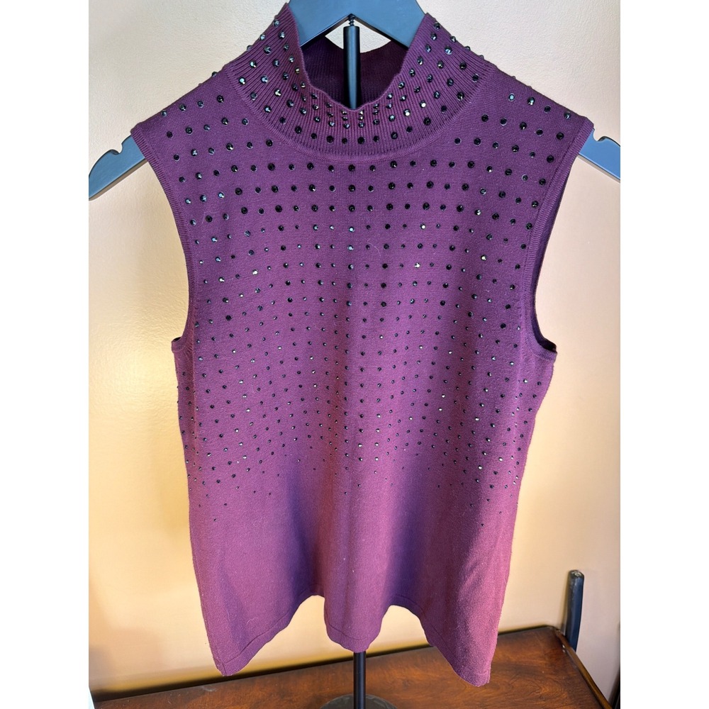 Sleeveless Mock Neck Knit Top Plum Purple Rhinestone Embellished Sweater Vest